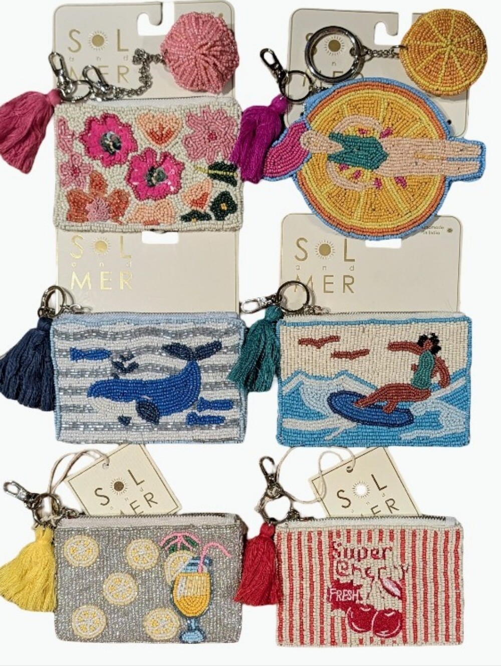 Sol and Mer Hand-beaded Zipper Coin Purse 6pc Lot🎁INCLUDES 2 FREE BAG CHARMS!🎁